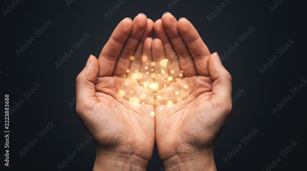 Fototapeta premium Human hands cupped together holding glowing magical light particles, symbolizing hope, future technology, energy conservation