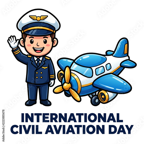 International Civil Aviation Day Cheerful Young Pilot in Uniform Waving Beside a Small Airplane