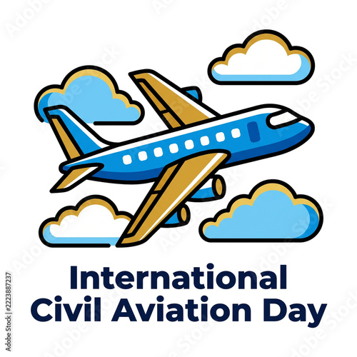 International Civil Aviation Day Blue and Gold Airplane Soaring Through Fluffy White Clouds