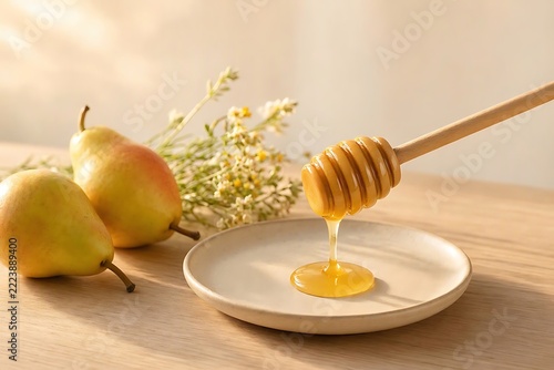 Honey Pouring From Wooden Dipper Beside Ripe Pears