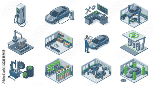 Electric Vehicle Manufacturing and Service Process Infographic Icons