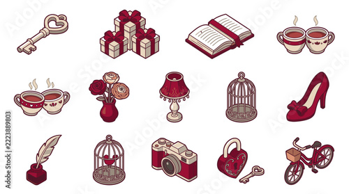 Elegant Valentine s Day and Romance Icon Set with Keys Gifts Books and More