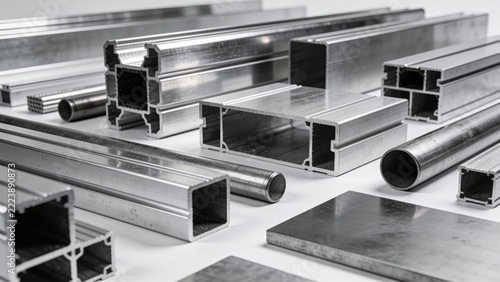 Stainless Steel and Aluminum Metal Profiles, Hollow Tubes, Round Bars, and Structural Sections in a Detailed Industrial Materials Display