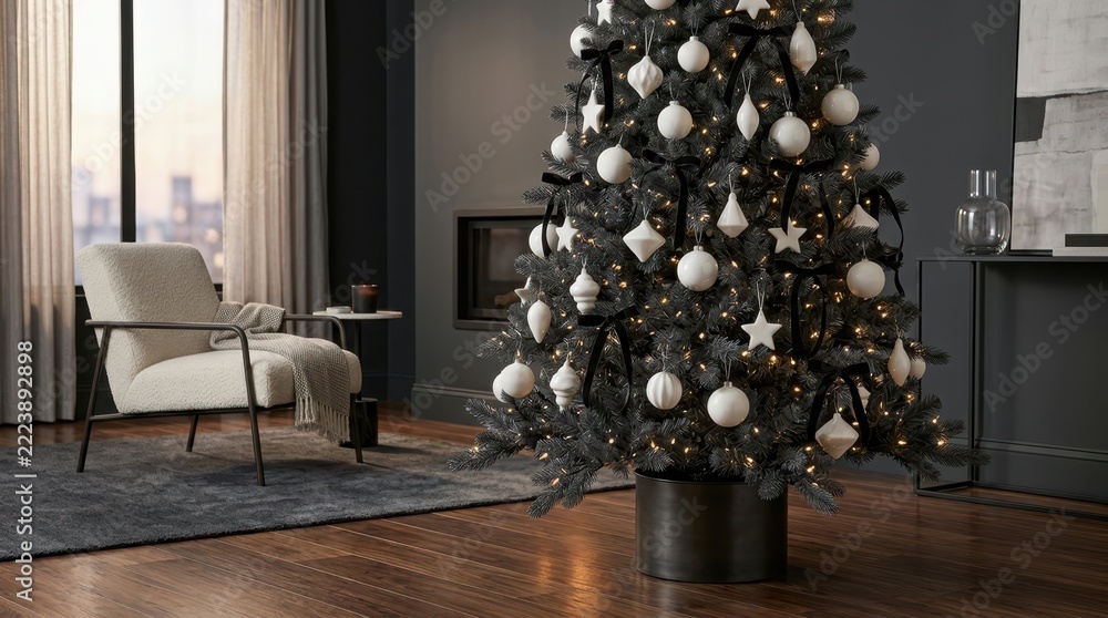 Naklejka premium A charcoal Christmas tree with white ornaments brightens a modern, softly lit living room