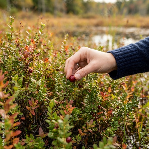 Hand picking ripe cranberries from a bush in a natural bog setting during autumn.
