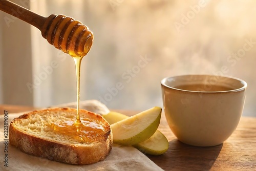Golden Honey Drizzling onto Rustic Bread With Pear Slices and Tea