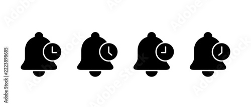 Bell with clock icon set. Timer alert symbol. Alarm delay sign