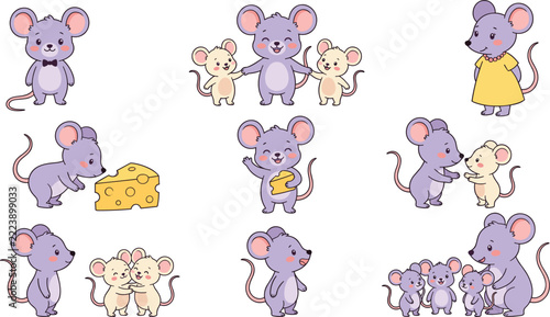 Cute little mouse family cartoon characters set featuring happy baby mice with yellow cheese vector