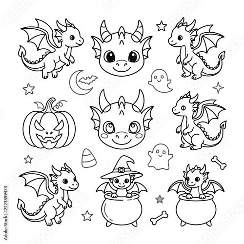Cute Halloween Dragons, Pumpkin, Ghost, Witch Coloring Page Vector Art
