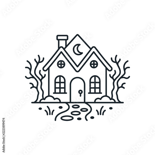 Mysterious House Outline with Moon and Bare Trees - Vector Art