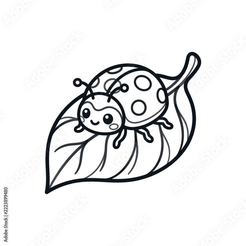 Cute Ladybug on Leaf - Coloring Page Vector Art