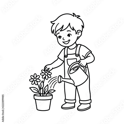 Boy watering flowers in pot, cartoon line art for coloring book, vector illustration