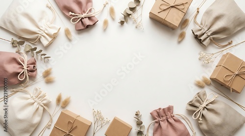 Flat Lay Composition with Decorative Fabric Gift Pouches and Kraft Paper Boxes Surrounded by Dried Flowers on a Clean White Background