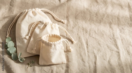 Eco-friendly gift packaging frame with reusable linen pouches, craft boxes, and dried flowers on white background