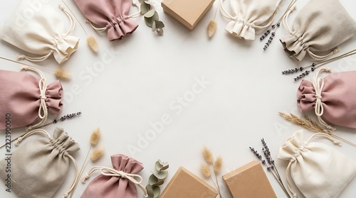 Set of Organic Cotton Drawstring Pouches for Sustainable Packaging and Storage on Linen Background