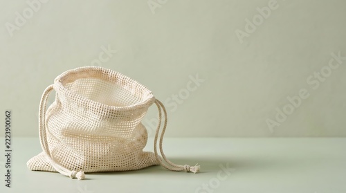 An empty eco-friendly cotton drawstring bag on a clean minimalist pastel green background