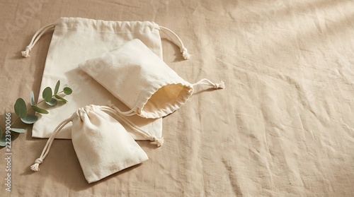 Eco friendly reusable cotton drawstring pouch on minimalist green background with copy space for sustainable packaging concept