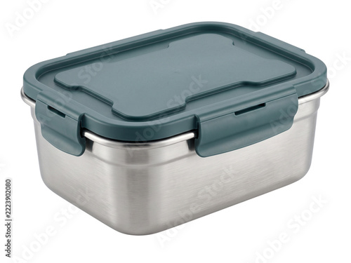 Stainless Steel Food Storage Container Airtight Bento Lunch Box with Plastic Lid Isolated on White Background