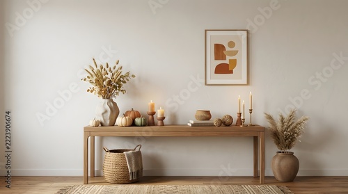 Thanksgiving Console Table Styling with Warm Neutral Autumn Decor