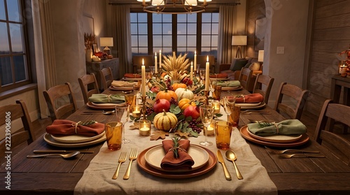 Thanksgiving Dining Table Before Dinner with Elegant Harvest Centerpiece