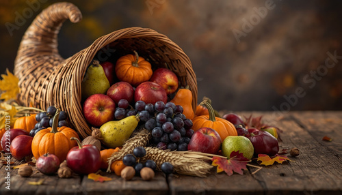 Wicker cornucopia overflowing with apples, pumpkins, grapes and corn, Thanksgiving harvest abundance symbol