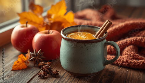 Hot apple cider in ceramic mug with cinnamon stick, red apples and autumn leaves on wooden table