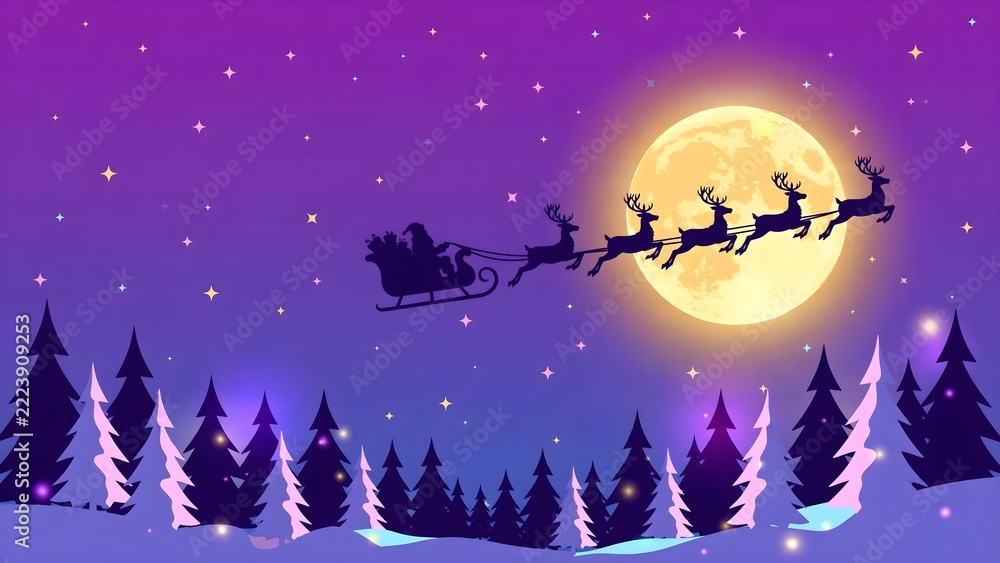 Naklejka premium Santa Claus Sleigh Flying with Reindeer Silhouette in Night Sky with Full Moon and Snowy Pine Forest Christmas Background Illustration