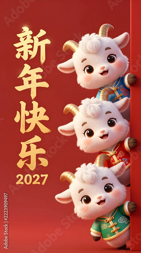Cartoon Goats Symbol of 2027 in Traditional Chinese Clothing with 新年快乐 2027 Calligraphy, Festive Chinese New Year Illustration