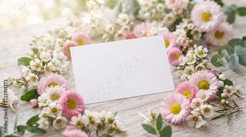 Blank Card Surrounded by Fresh Spring Flowers on Wooden Surface