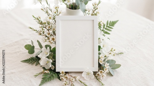 Empty White Frame Surrounded by Floral and Greenery Arrangement on Neutral Fabric