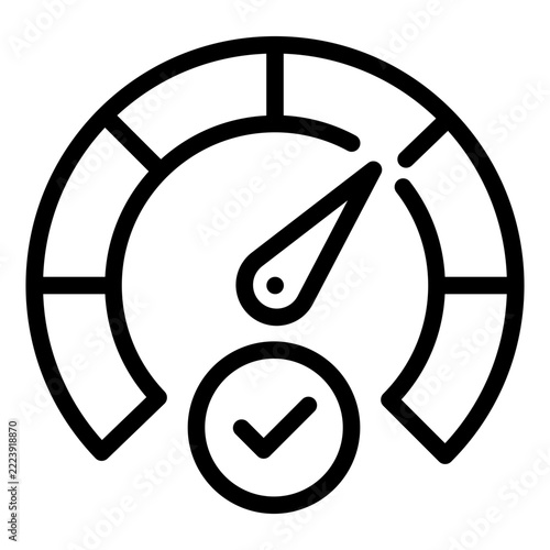 Key Performance Indicator KPI Line Icon Representing Business Success Progress and Performance Measurement with Speedometer Gauge and Checkmark Symbol for Analytics Dashboard and Optimization