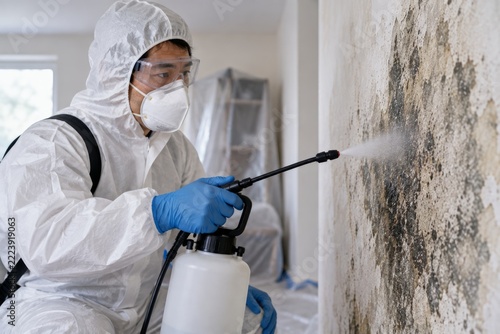 A protected technician applies a fine spray across a wall covered with dark mold. Professional remediation and safer indoor living conditions