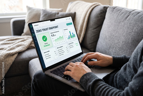 Remote workforce security dashboard on laptop conveys zero trust protection and confident home office work.