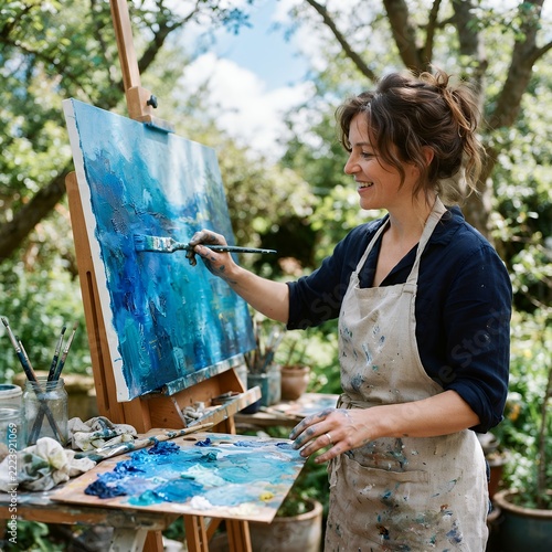 Woman painting outdoors in a garden setting with an easel and canvas.