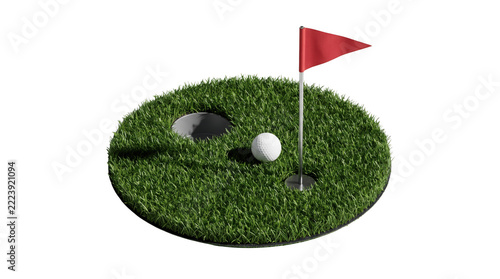 Green Golf Hole Grass Patch with White Ball and Red Flag   JPG