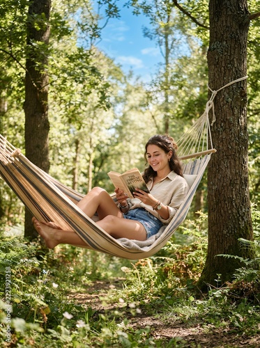 Woman Relaxing Reading Book in Hammock in Lush Green Forest.