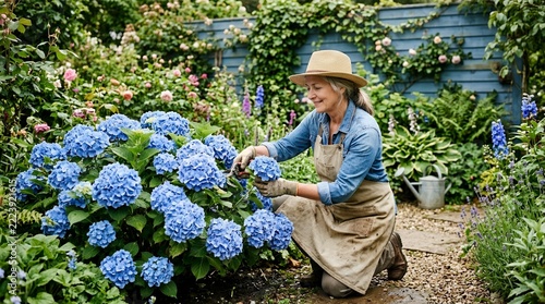 Woman Tending to Blue Hydrangea Flowers in a Lush Garden.