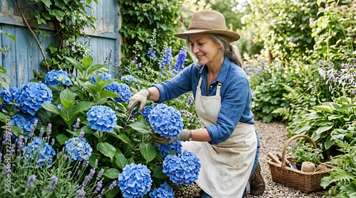 Woman tending to blue hydrangeas in a lush garden.
