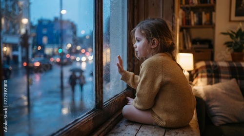Young child looking out window at rainy city street at dusk.