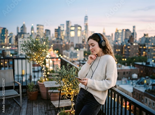 Young woman listening to music on headphones on a city rooftop at dusk.
