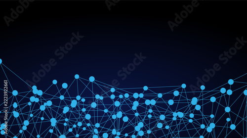 Abstract network connection background with blue dots and lines on dark gradient, technology concept with copy space