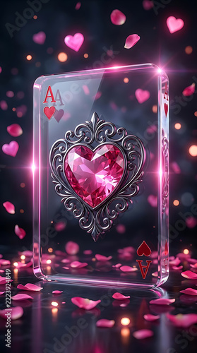 Glass Ace of Hearts Playing Card with Pink Gemstone Ornament and Floating Rose Petals