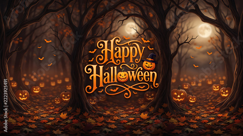 Happy Halloween greeting with glowing jack o lanterns in a dark misty autumn forest at night