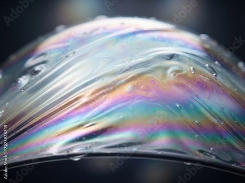 iridescent liquid membrane texture Colorful close-up of a soap bubble showing iridescent patterns and water droplets.