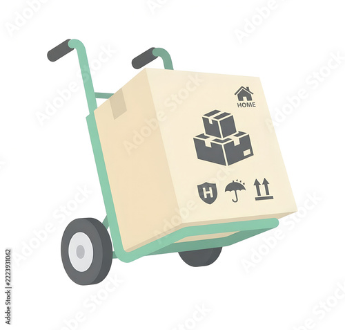 Flat Vector Illustration of Hand Truck with Cardboard Moving Box Isolated on White Background