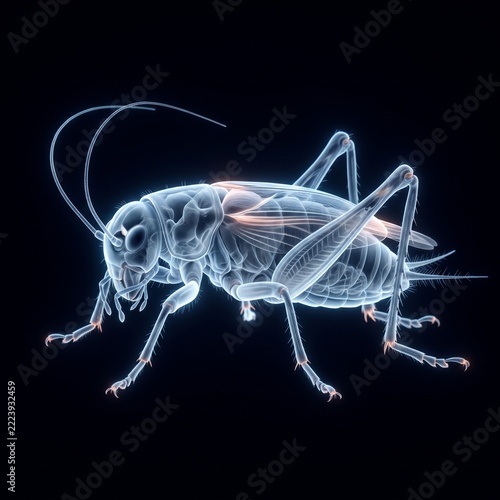 Detailed X-ray or transparent rendering of a cricket, showcasing its internal anatomy and skeletal structure.