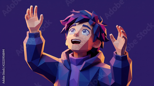 Surprised boy 3d cartoon character raising hands.