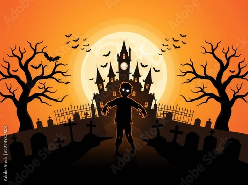 Silhouette of a ghost standing near a haunted castle at sunset