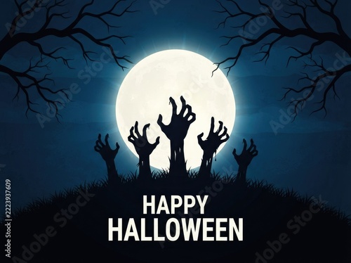 Happy Halloween zombie hands reaching under full moon