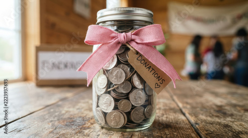 Breast cancer awareness donation jar with pink ribbon and coin on wooden table supporting charity fundraising in natural light